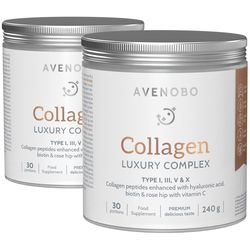 AVENOBO Collagen Luxury Complex 1+1 ZDARMA - 4v1 podpora proti stárnutí - Kvalitní hydrolyzovaný kolagen | Ostružinová chuť | 2x 240 g | Sensilab