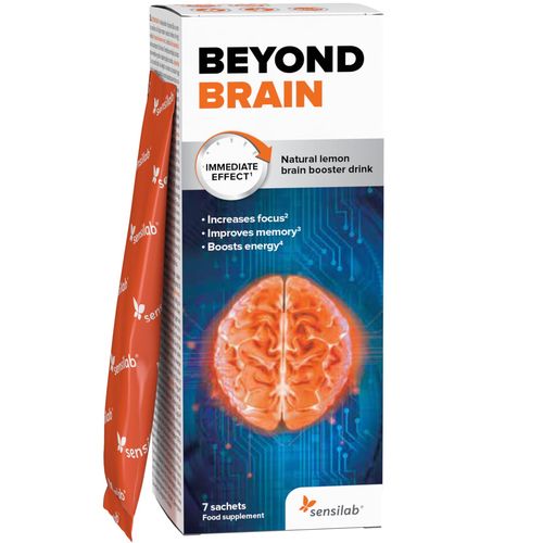 Beyond Brain nootropikum | Pro zlepšení paměti | Působí okamžitě, 6 hodin zvýšené pozornosti | Citronová příchuť | 7 sáčků| Sensilab