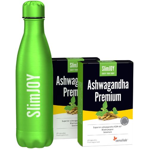 2x Ashwagandha Premium + láhev ZDARMA | Světově nejsilnější extrakt KSM-66® z ashwagandhy pro tělo a mysl | 2x 60 kapslí | SlimJOY