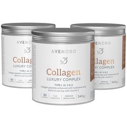 AVENOBO Collagen Luxury Complex 1+2 ZDARMA - 4v1 podpora proti stárnutí - kvalitní hydrolyzovaný kolagen | Ostružinová chuť | 3x 240 g | Sensilab