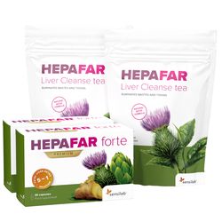 Sada pro ochranu jater: obsahuje 2x HEPAFAR forte a 2x HEPAFAR čaj – pro zdraví a detoxikaci jater, zejména běhěm svátků. Program na 40 dní