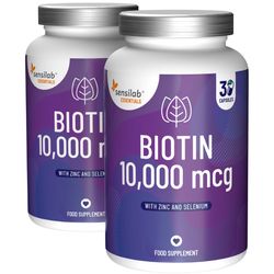 Essentials Biotin 10 000 mcg 1+1 ZDARMA. Ultra vysoký obsah biotinu se zinkem a selenem. Nejlepší biotin pro vlasy, nehty a pokožku | Sensilab