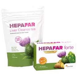 Sada pro ochranu jater: obsahuje 1x HEPAFAR forte a 1x HEPAFAR čaj – pro zdravý a detoxikaci jater. Program na 20 dní