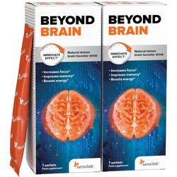 Beyond Brain nootropikum 1+2 ZDARMA | Pro zlepšení paměti | Působí okamžitě, 6 hodin zvýšené pozornosti | Citronová příchuť | 3x 7 sáčků| Sensilab