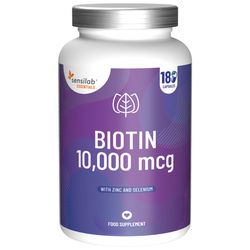 Essentials Biotin 10 000 mcg. 180 kapslí. Ultra vysoký obsah biotinu se zinkem a selenem. Nejlepší biotin pro vlasy, nehty a pokožku | Sensilab