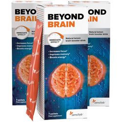 Beyond Brain nootropikum 1+1 ZDARMA | Pro zlepšení paměti | Působí okamžitě, 6 hodin zvýšené pozornosti | Citronová příchuť | 2x 7 sáčků| Sensilab