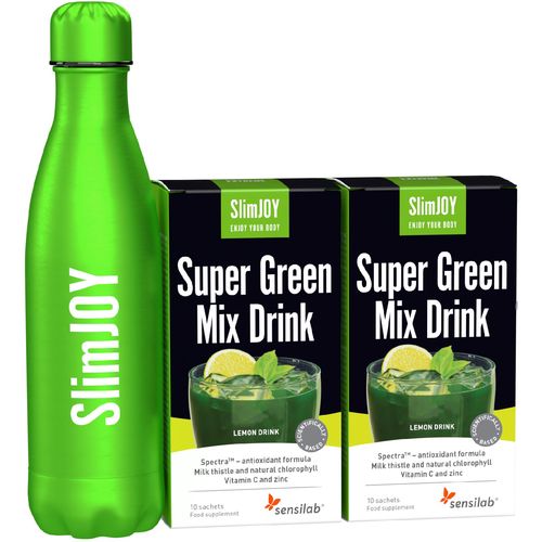 2x Super Green Mix Drink + láhev ZDARMA | 31 druhů ovoce, zeleniny a bylinek + Vitamín C a zinek.  Vysoká antioxidační ochrana. 2x 20 sáčků | SlimJOY