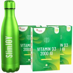 3x Vitamin D3 2000 IU + Láhev ZDARMA | Vysoce účinný doplněk stravy s 2000 IU vitaminu D. Kapsle se snadno polykají. Zásoba na 3 měsíce | SlimJOY